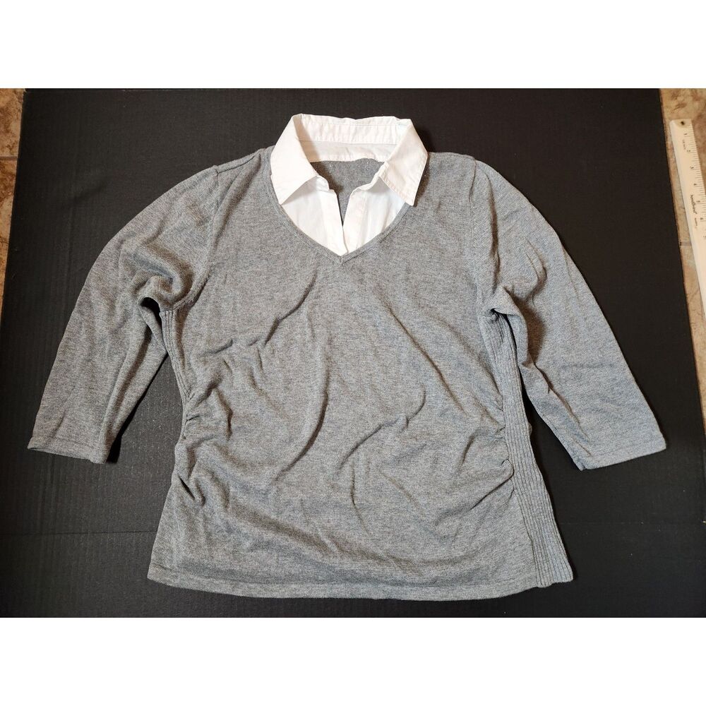 Notations Gray Layered Look Sweater White Collar Medium
